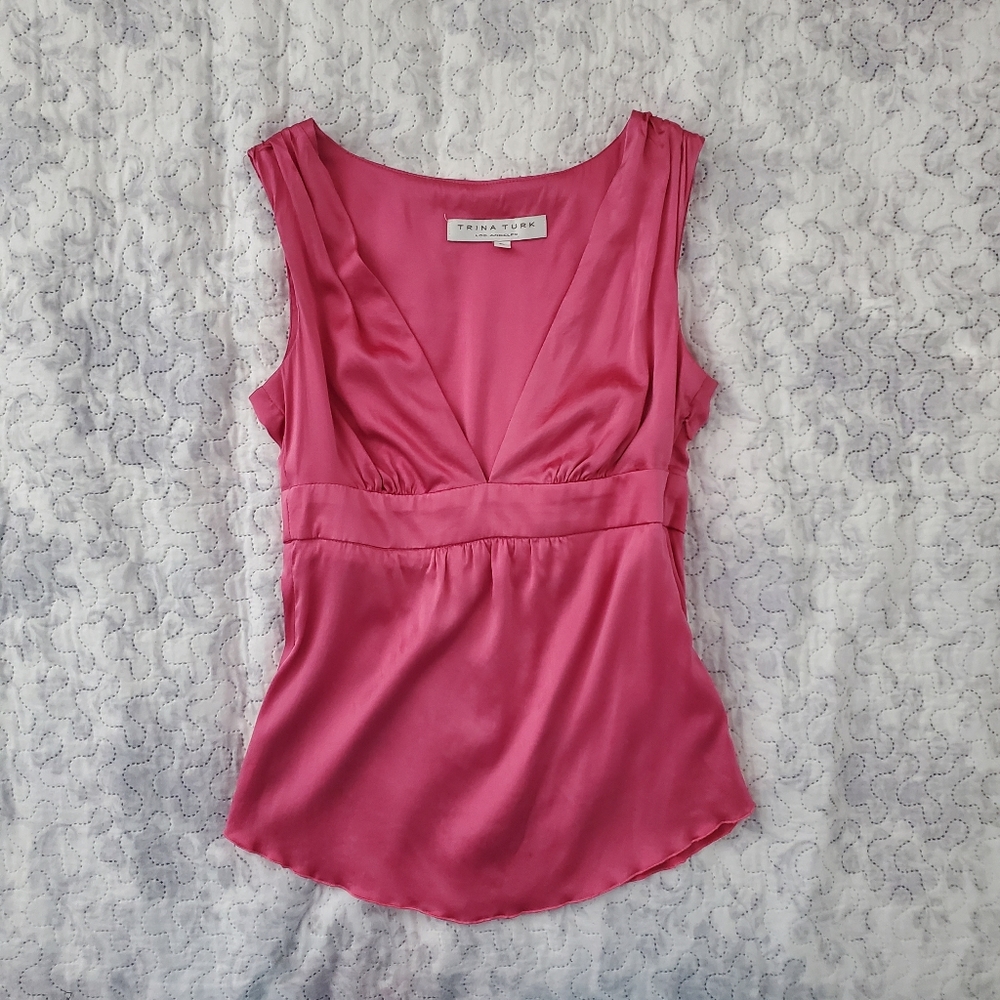 Trina Turk Barbiecore Bimbocore Pink Plunge Silk Top